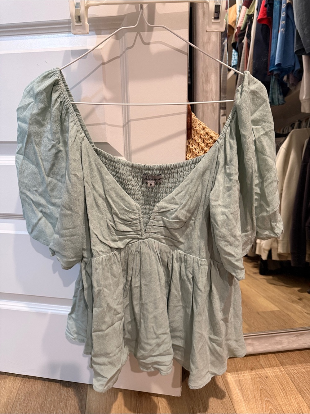 Peasant Smocked Blouse in Light Sage Green - Women Tops
